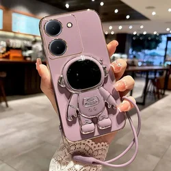 For VIVO Y36 4G 2023 Cartoon Astronaut Holder Plating Case For VIVO Y 36 Y35 Y22S Stand Lanyard Shockproof Silicone Soft Cover