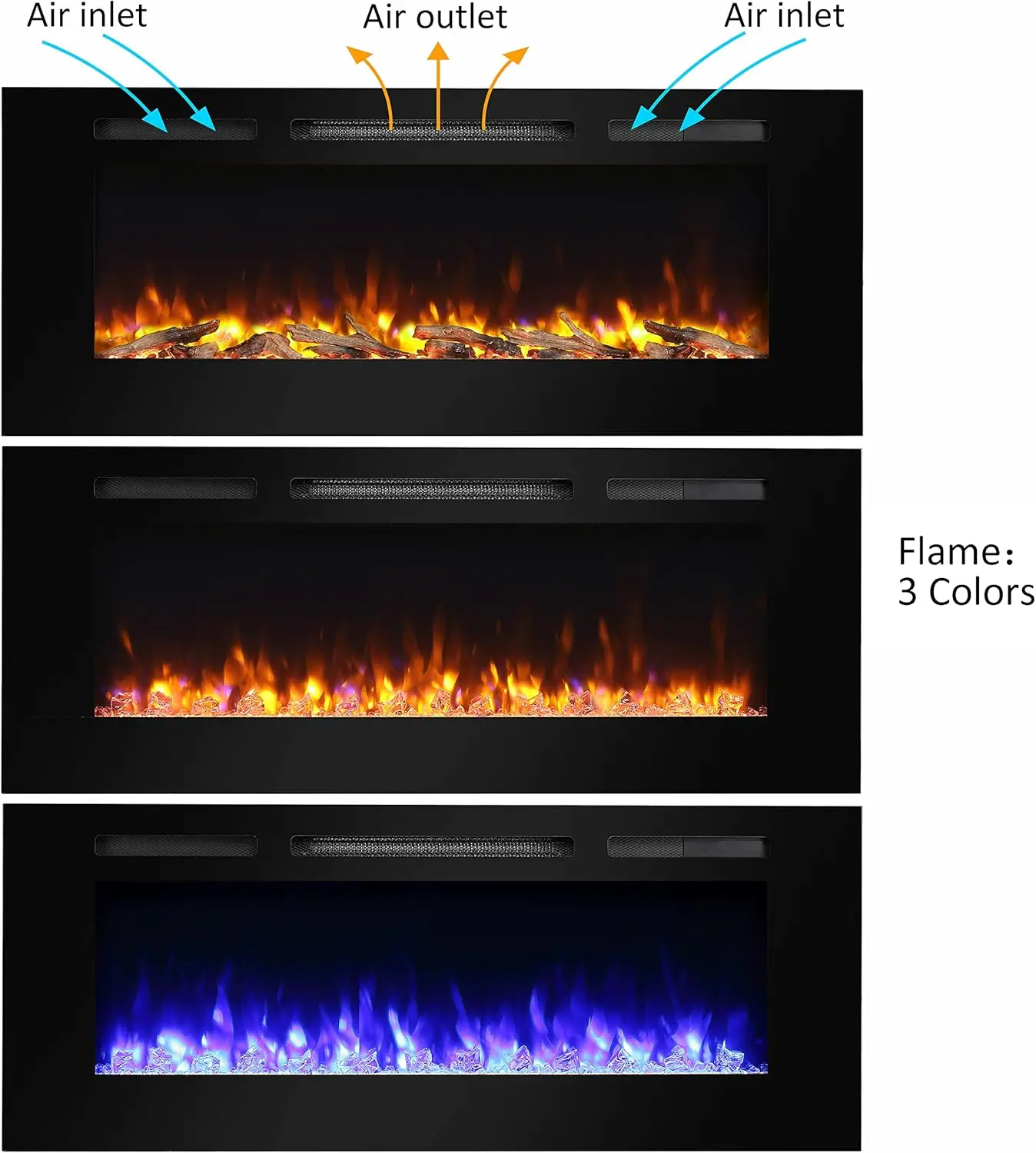 Alice 50 Inches Recessed Electric Fireplace, Flush Mounted for 2 X 6 Stud, Log Set & Crystal, 1500W Heater, Remote Con