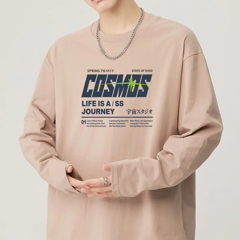 رسالة مطبوعة الرجال طويلة الأكمام تي شيرت القطن بسيط جولة الرقبة فضفاضة الخريف قميص رجالي #4