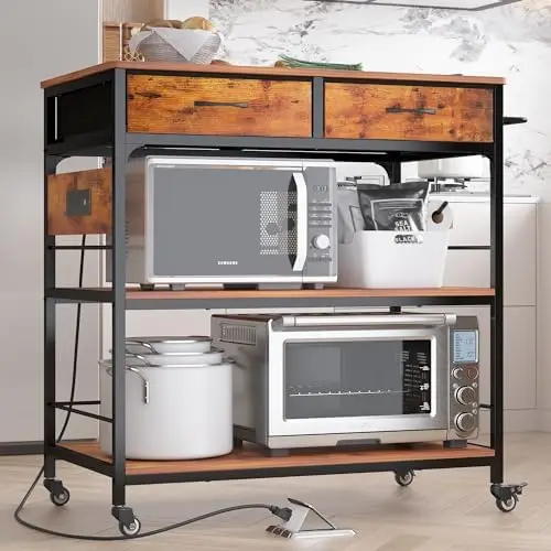 Kitchen Island with Storage,Rolling Kitchen Island Cart with Power Outlet,Industrial Kitchen Island on Wheels,Kitchen