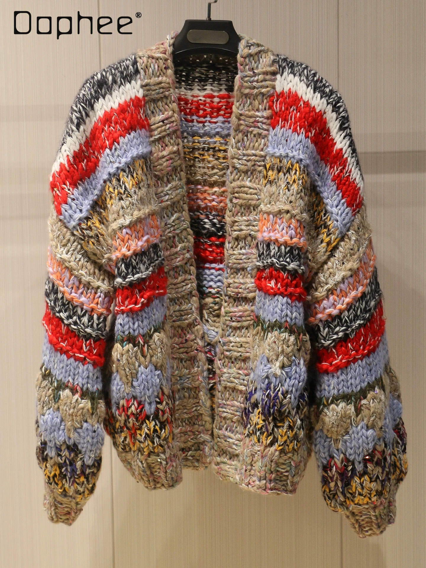 Autumn Winter Fashion Patchwork Striped Knitted Loose Thickened Warm Sweater Commuting Style Trendy Loose Slim Knitted Cardigan