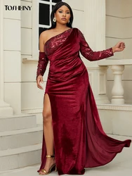 Tosheiny L-4XL New Plus Size Contrast Sequin Asymmetrical Neck Draped Velvet Dress Wine Red Elegant Evening Dress