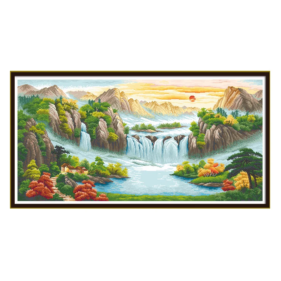 Printed Cross Stitch Set Hand Embroidery Easy Crafts Valley Forest Running Water Landscape Pattern Living Room Hanging Picture