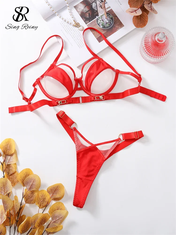 SINGREINY 2024 ملابس داخلية مثيرة شبكية مرقعة مثيرة تناسب النساء ملابس داخلية مثيرة شفافة مفرغة طقم مكون من قطعتين
