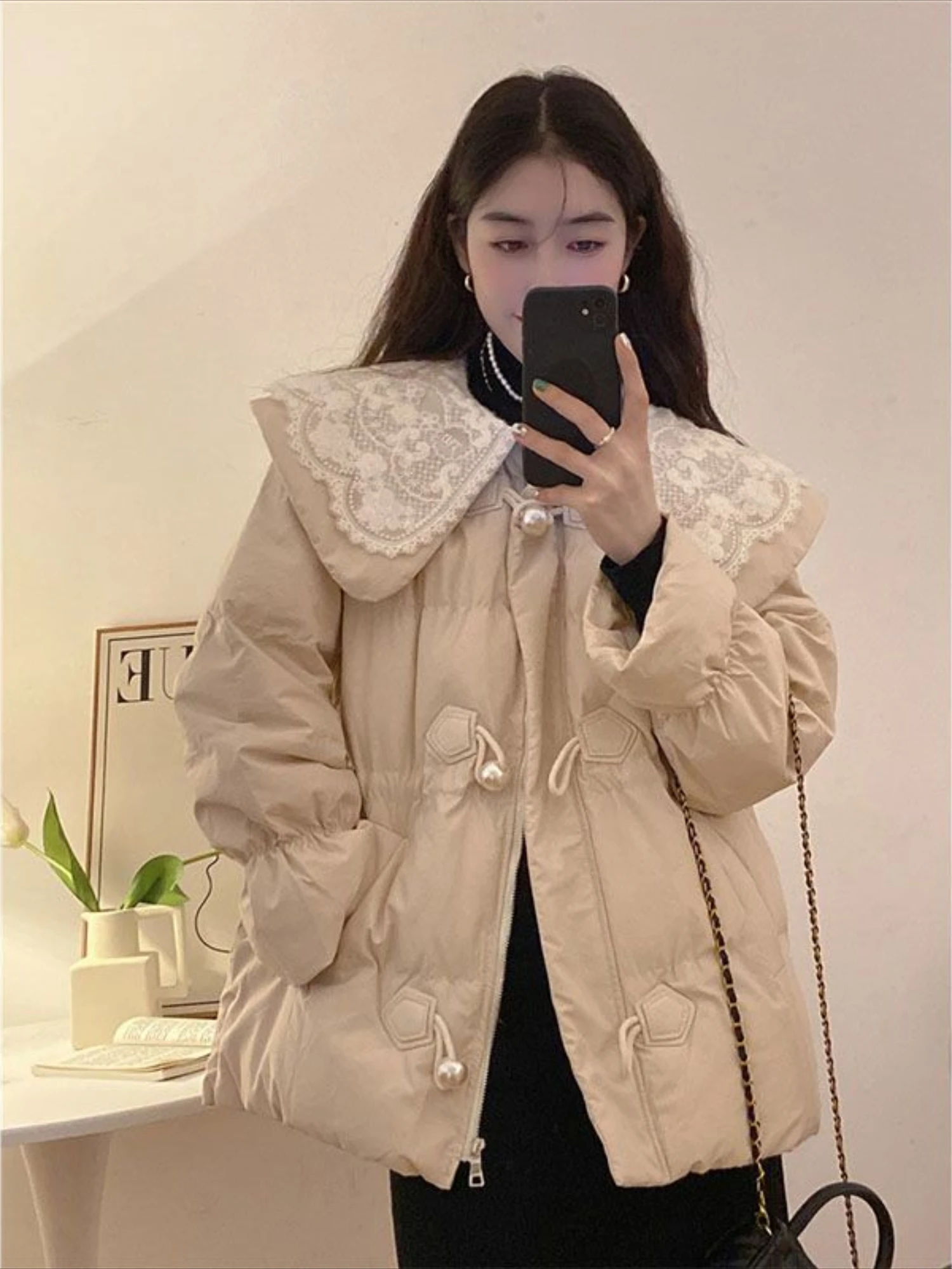 Parkas Woman Sweet Cotton Coats for Women Patchwork Lace Padded Jackets Quilted Modern Discount Fashion 2024 Cheap Luxury Thick