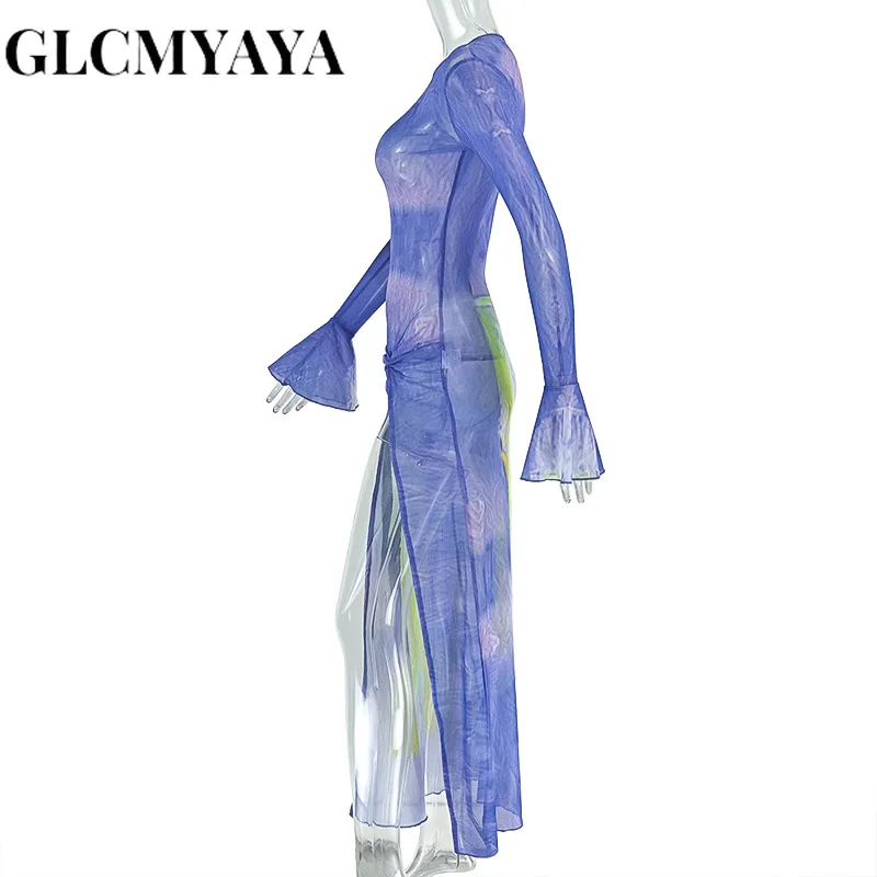 CM.YAYA المرأة التعادل صبغ مضيئة كم طويل ثنيات عالية الجانب سبليت ميدي ماكسي فستان طويل 2025 عيد ميلاد مثير نادي الحفلات حتى فساتين