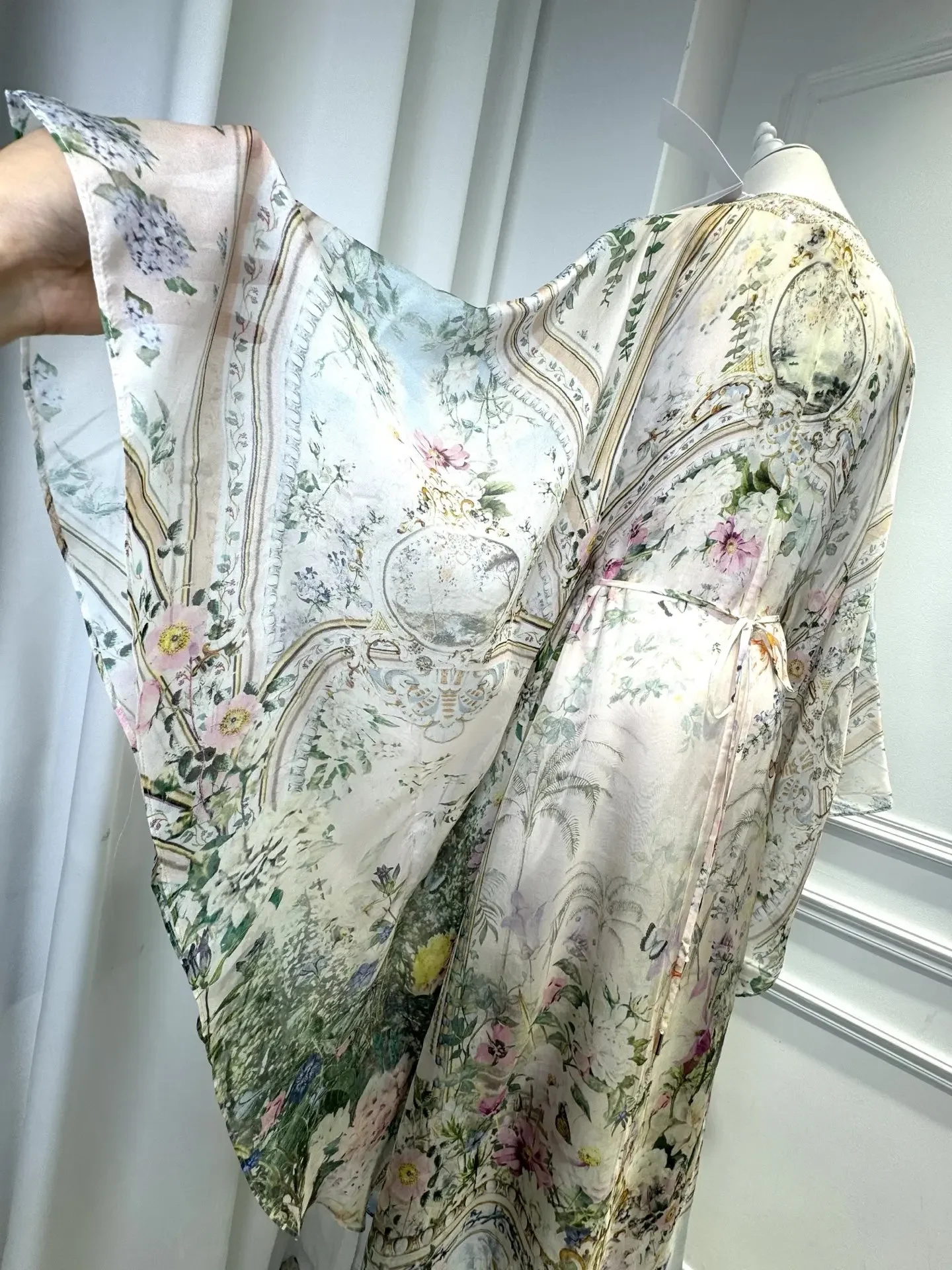 Robe Maxi en soie imprimé floral pour femmes, nouvelle collection 2021, perles lourdes, col en v, manches évasées, Robe ample