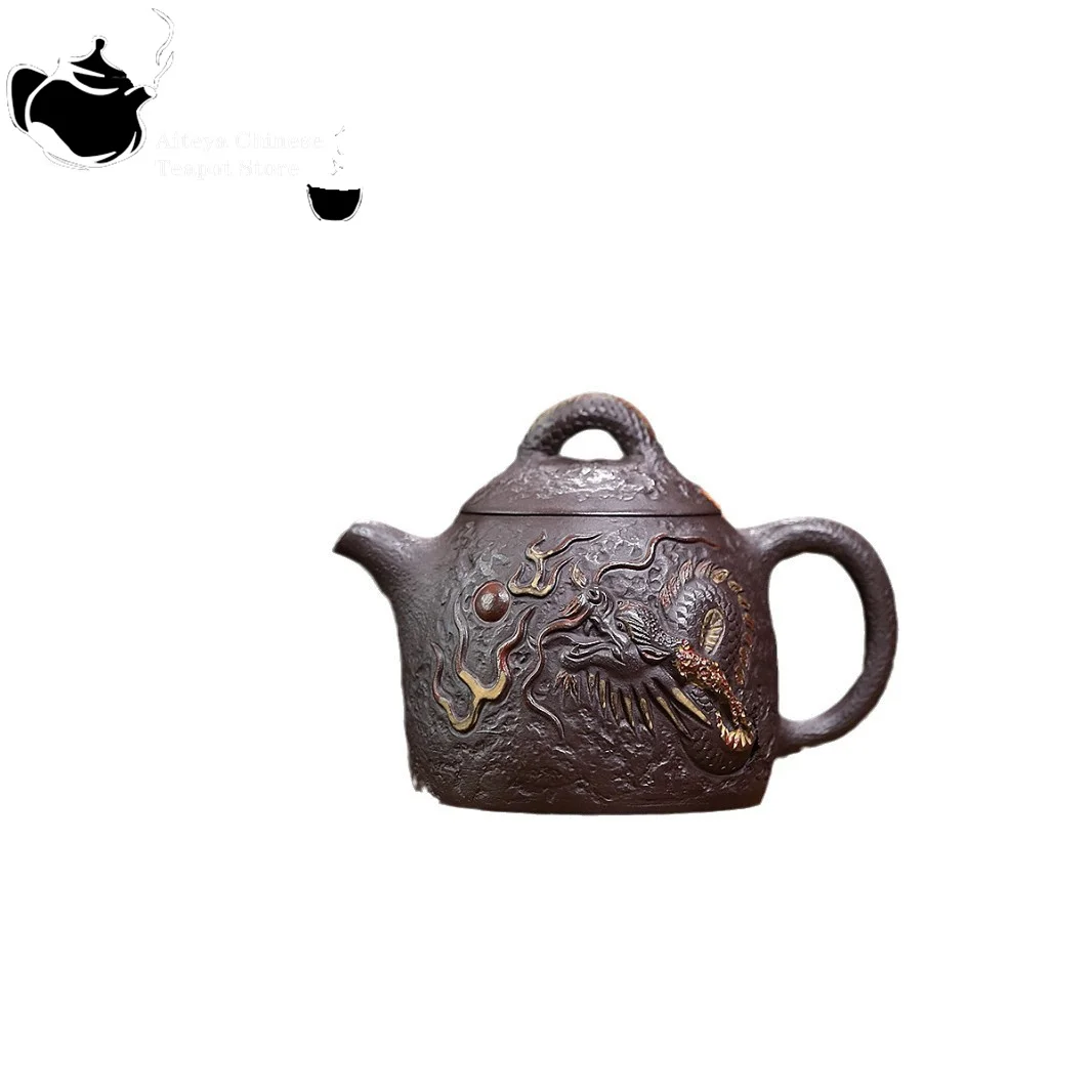 Théière en argile violette Yixing, minerai original, boue violette, dragon de bon augure jouant avec des perles, service à thé Qin Quan, théière chinoise