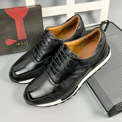 European Luxury Men's Casual Shoes Genuine Leather Solid Black Lace-up Sneakers Male Daily Oxfords Footwear