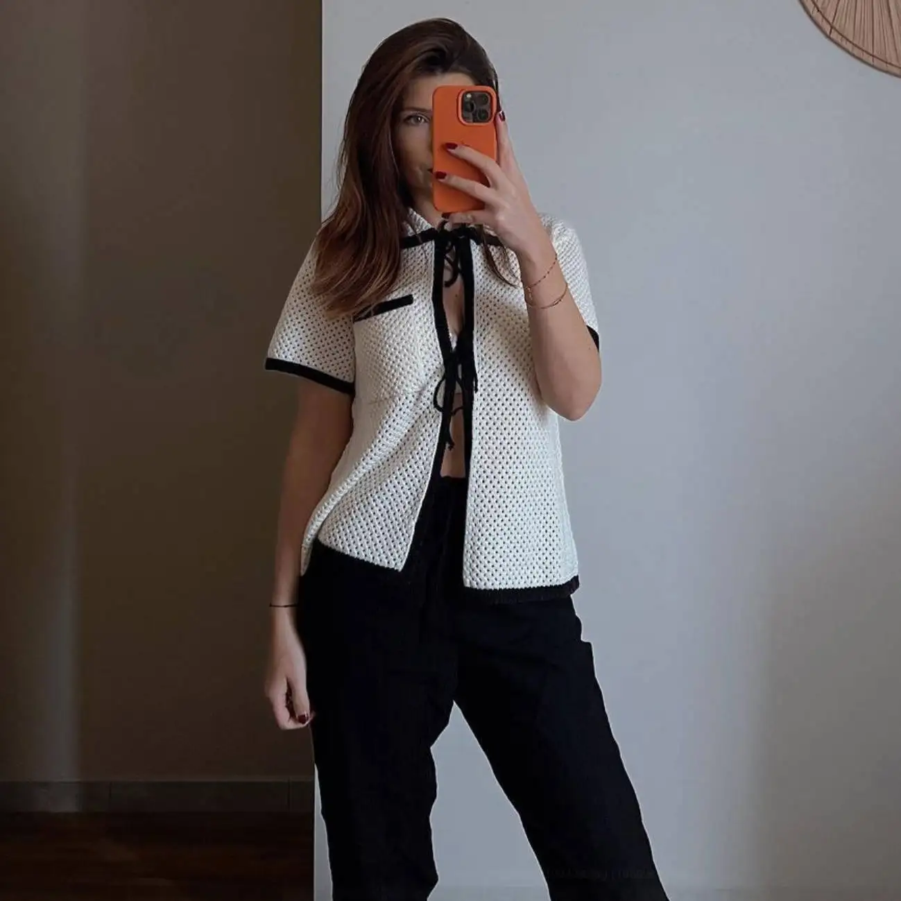 Hirigin-Top curto feminino, cardigã de malha, gravata frontal, cor de contraste, camisetas de verão, streetwear casual, roupas estéticas básicas