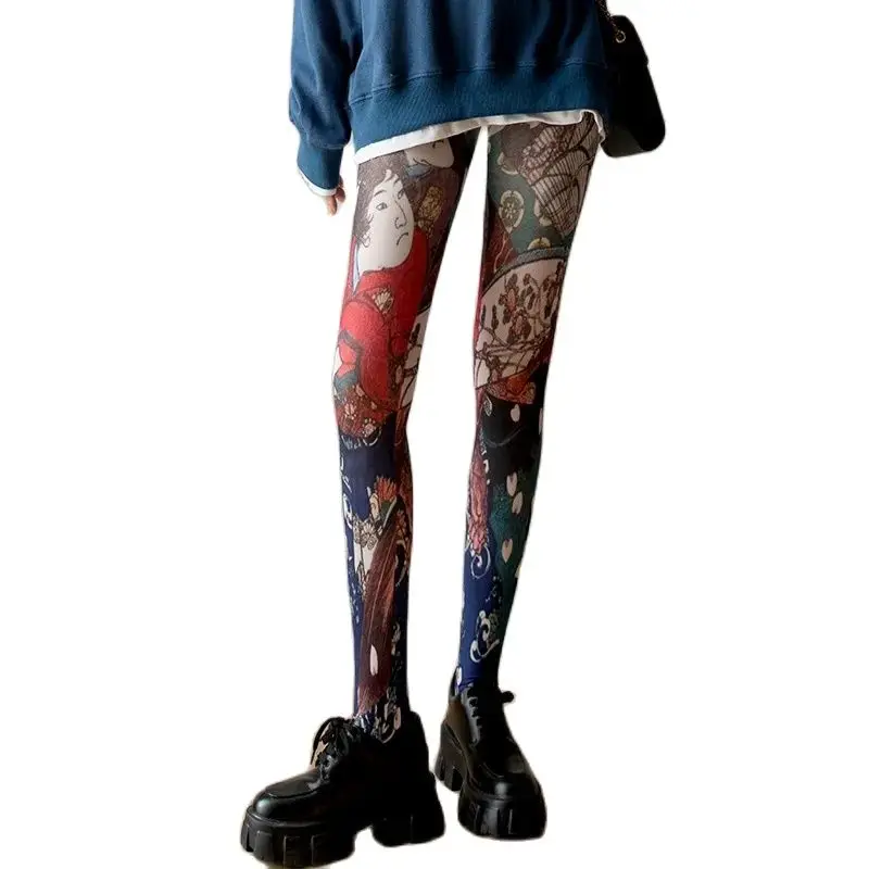 

Individualistic Japanese-style Painting Tights Woman Colorful Medias Socks Transparent Thin Y2K Pantyhose Party Club Stockings.