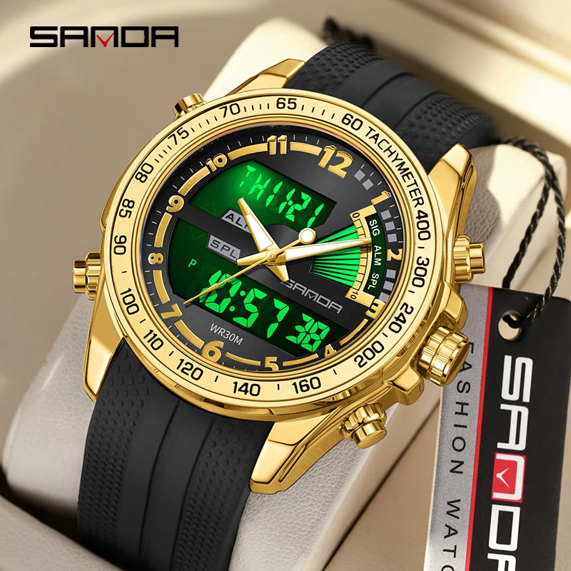 SANDA 2025 Orologio da uomoCasual Moda Elegante Multifunzionale Business Rotondo Elettronico al Quarzo Doppio DisplayCinturino in gomma Orologi3307