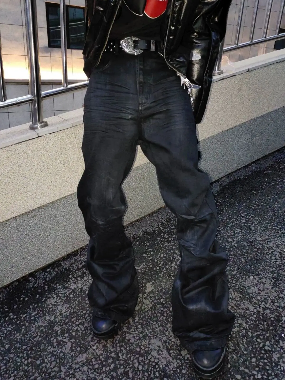 

Hand-Brushed Wax Black Sticky Tape Coated Skinny Jeans Men's Accumulation Mop Trousers
