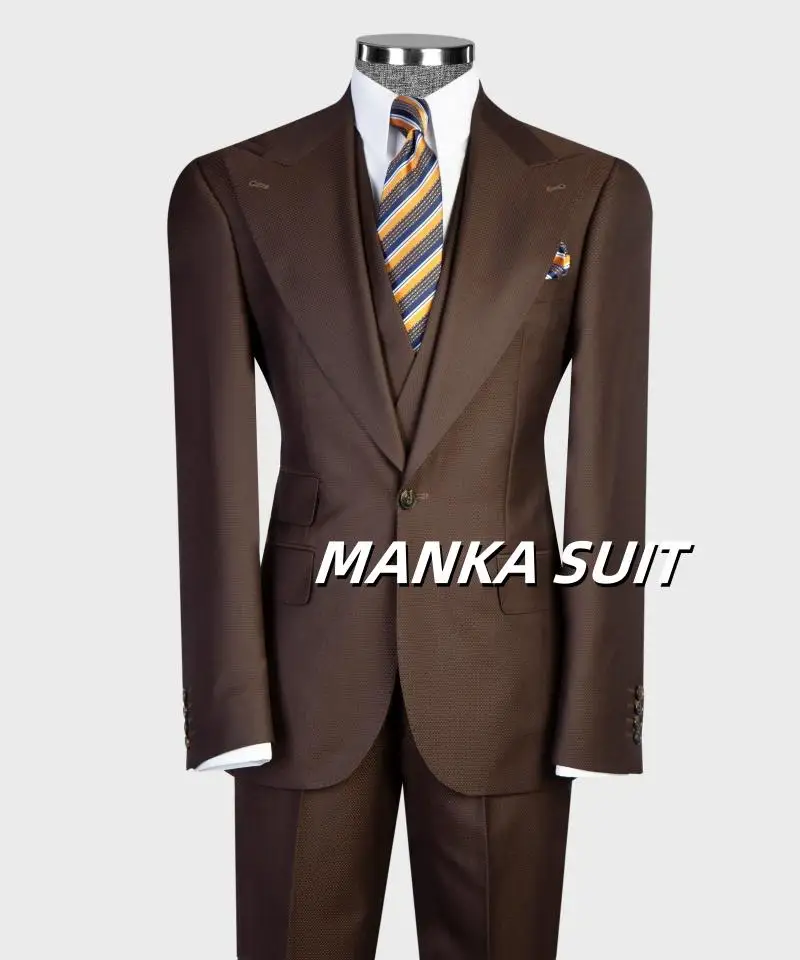 Elegant Peak Lapel One Single Breasted Full Men's Suits 3pcs Blazer Vest Pant Formal Party Office Coffee Man Suit Set