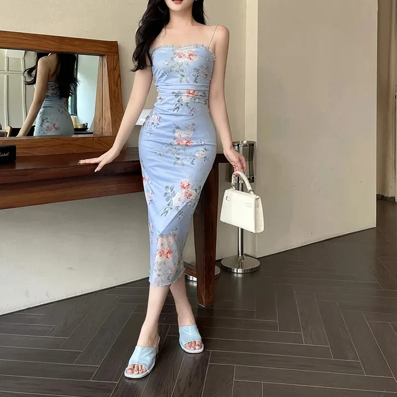 夏の女性のエレガントなスリム花柄ドレス女の子のシックなセクシーな黄色のサスペンダーロングドレス女性パーティークラブ Vestidos