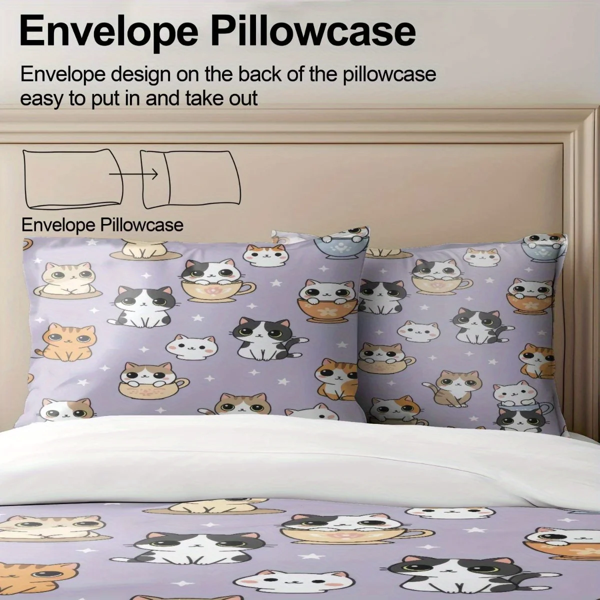 Soft Duvet Cover Set of Three 2D Flat Printed Duvet Cover Set Duvet Cover Set with Cartoon Cat Print, Machine Washable, Invisible Zipper, Large Duvet Cover Set, Bedding Set Quilt Cover - view 5