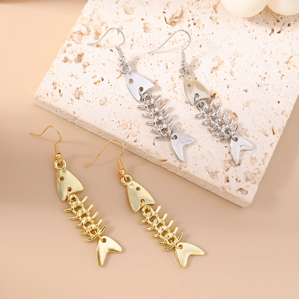 Aihua Mode Edelstahl Fisch Knochen Ohrringe Punk Hip-hop Einfache Design Frauen Ohrringe Sommer Strand Urlaub Schmuck Geschenke – Detail 1
