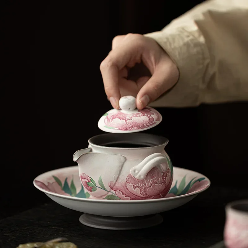 200ML Old Rock Mud Light Makeup Peony Hand-held Pot Household Chinese Kung Fu Teaset Hand-painted Bubble Teapot Teaset Gifts