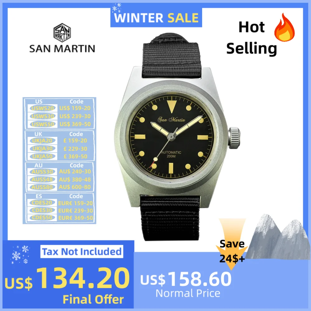 San Martin Men Pilot Watch Sapphire Glass 38mm Vintage Military Enthusiast YN55 Automatic Mechanical Watch Sport 20Bar SN0029G-A