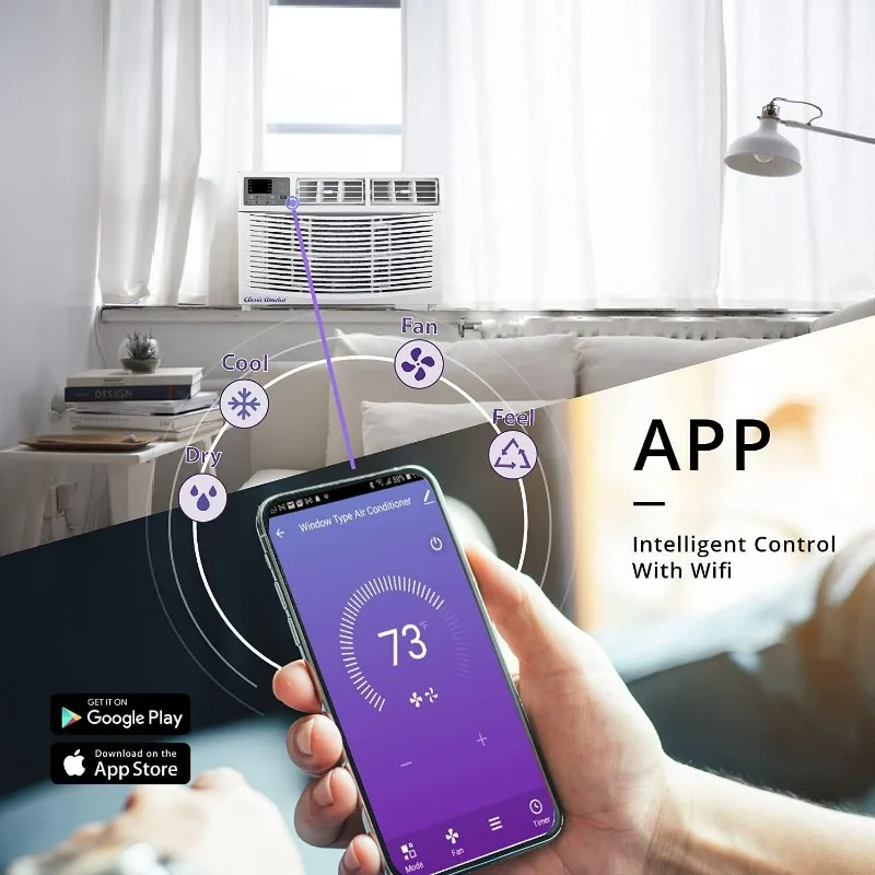 Klimatyzator okienny 8000 Btu Szybkie chłodzenie 350 stóp kwadratowych, pilot, obsługa Wi-Fi, do sypialni z 3 trybami chłodzenia