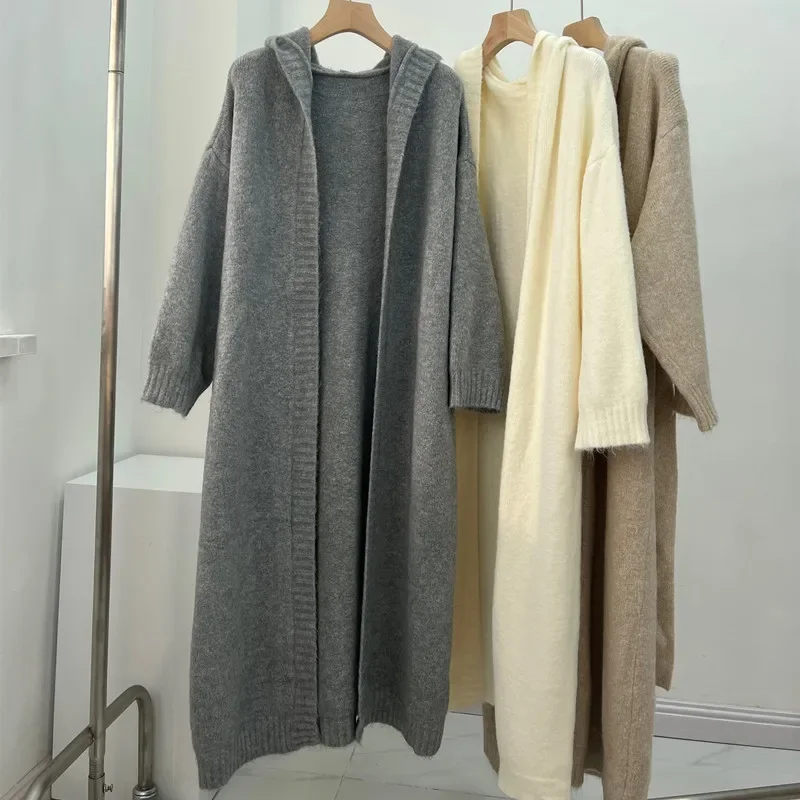 Cappotto lungo da donna Cardigan cappotti spessi maglioni tasche con cappuccio Maxi Y2k grigio giuntura Casual caldo punto aperto autunno inverno