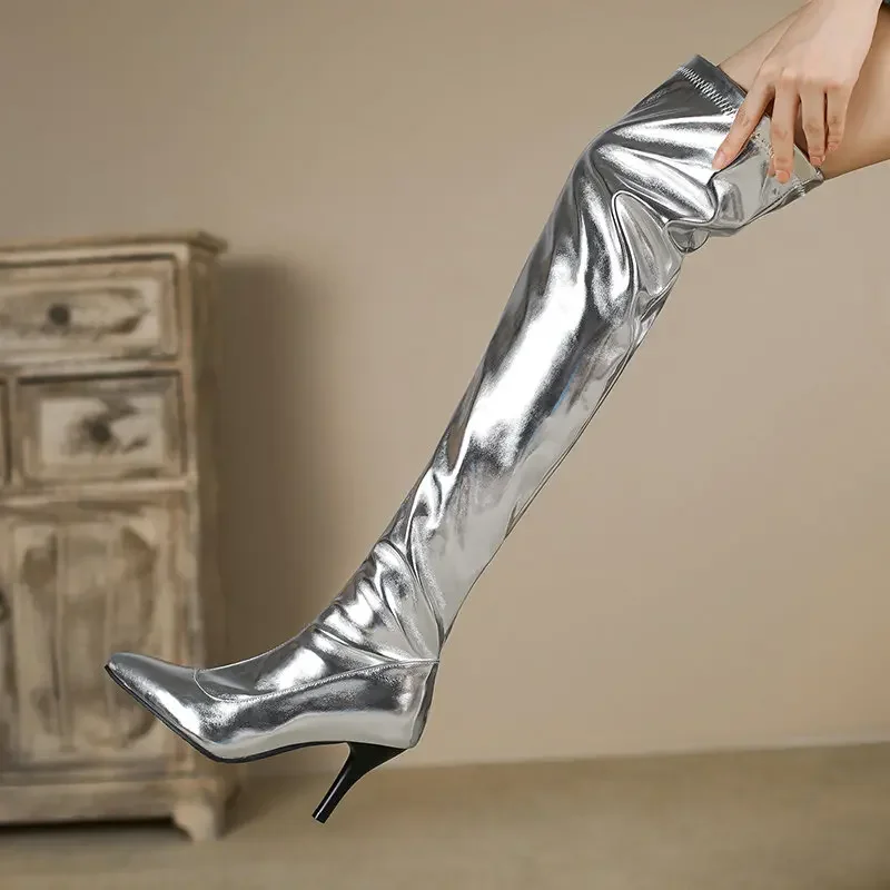 Large Size 34-48 Patent Leather Gold Silver Pointed Toe Spike High Heels Overknees Shiny Party Stilletto Over-the-knee Boots