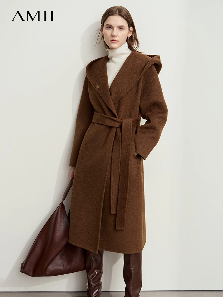 AMII Minimalist Women\'s Woolen Camel Wool Coat Female 2024 Winter Hooded Loose Quiet Luxury Bathrobe Coat with Belt 12444125