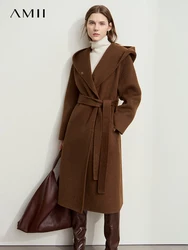 AMII Minimalist Women's Woolen Camel Wool Coat Female 2024 Winter Hooded Loose Quiet Luxury Bathrobe Coat with Belt 12444125