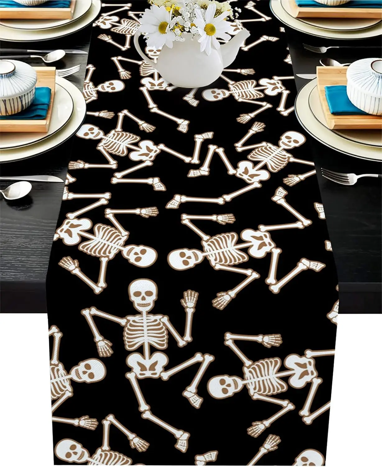 

Halloween Skull Skeleton Linen Table Runner Holiday Party Decor Reusable Kitchen Dining Table Runner Halloween Decorations