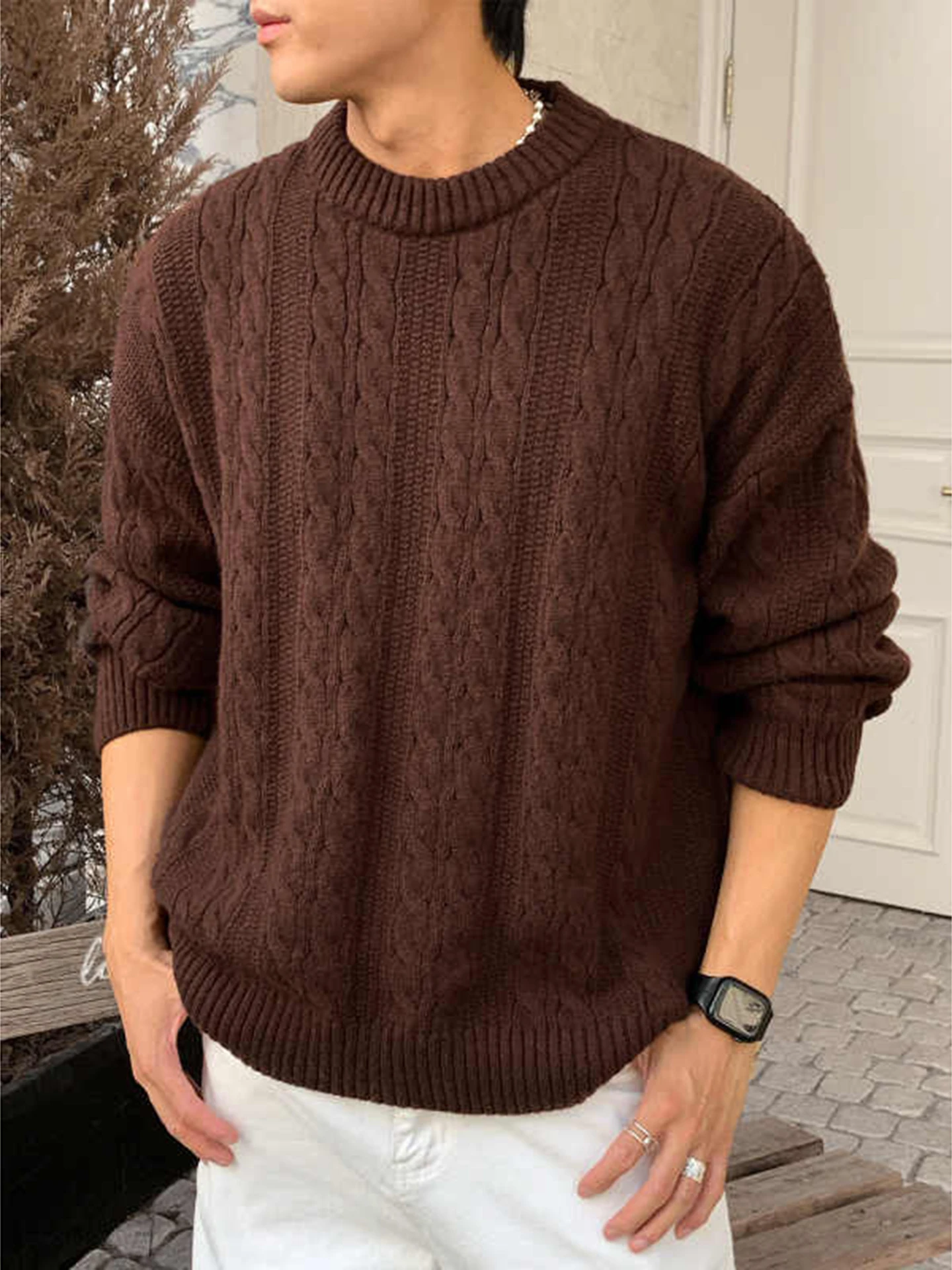 

Trendy Thiened Autumn Winter Men's Knitted Sweater Loose Lazy Sle round Ne Overhead Warm Base Layer Twist Knitwear