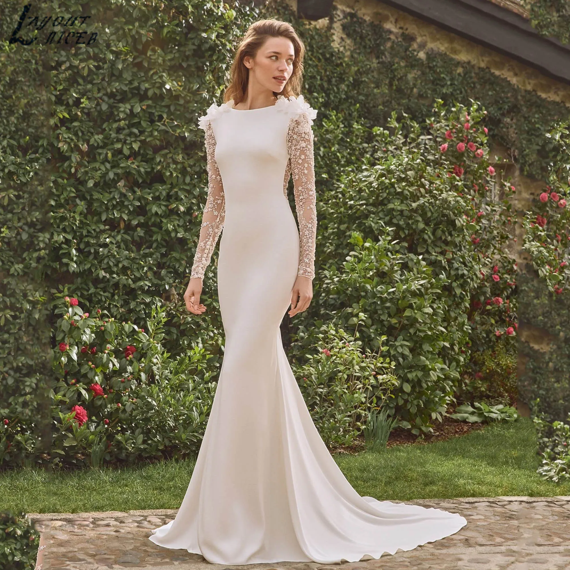 Luksusowa suknia ślubna z satyny z koralikami, długie rękawy, dekolt okrągły, krój syreny, suknie ślubne z iluzorycznym odkrytymi plecami, vestidos de novia, możliwość personalizacji.