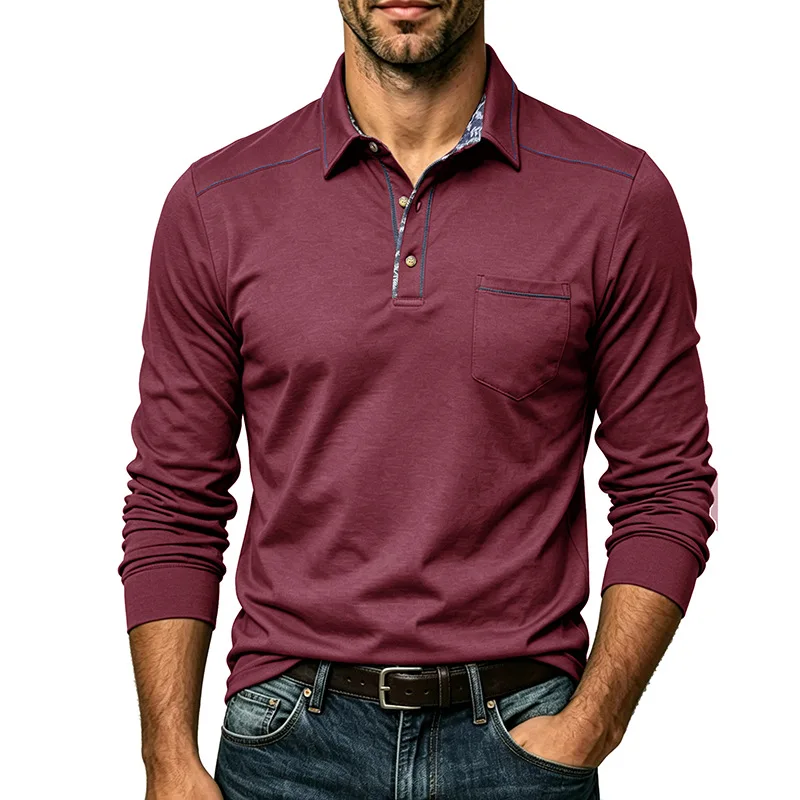 Color-Block Placket Lapel Long Sleeve Polo Shirt Men's Plus Size Casual Top