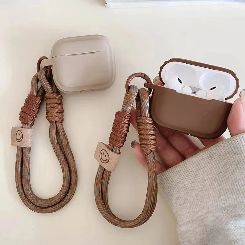 Coffee Brown Soft Silicone Case For AirPods 3/4/Pro 1/Pro 2 With Anti-Loss Strap Wireless Earbuds Protection Shell Accessories