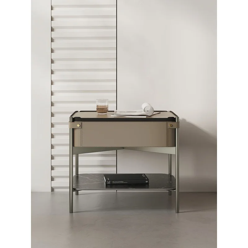 Italian minimalist saddle leather bedside table light luxury modern bedroom high-end creative square bedside storage