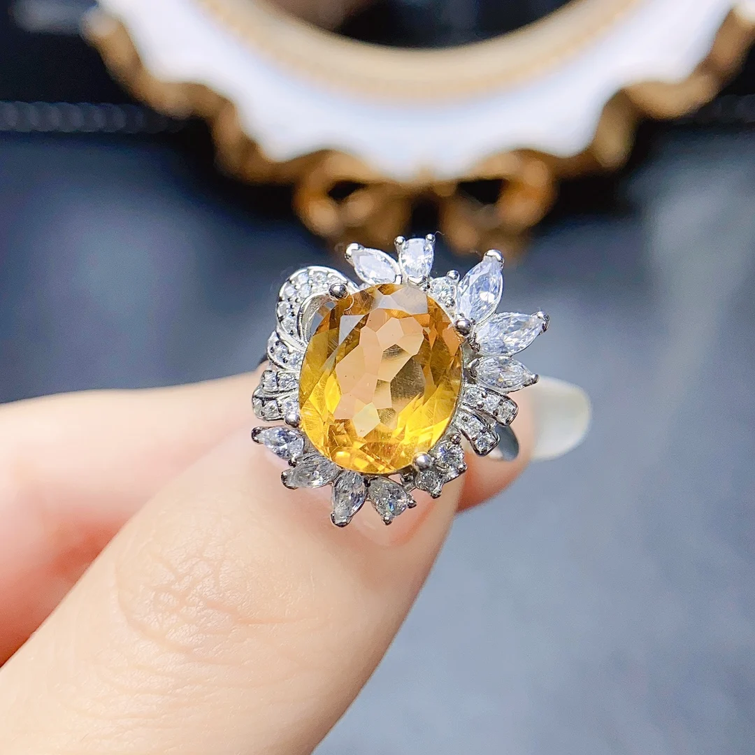 FS 9*12mm Real S925 Sterling Silver Fine Charm Natural Citrine Flower Ring Weddings Jewelry for Women With Certificate MeiBaPJ