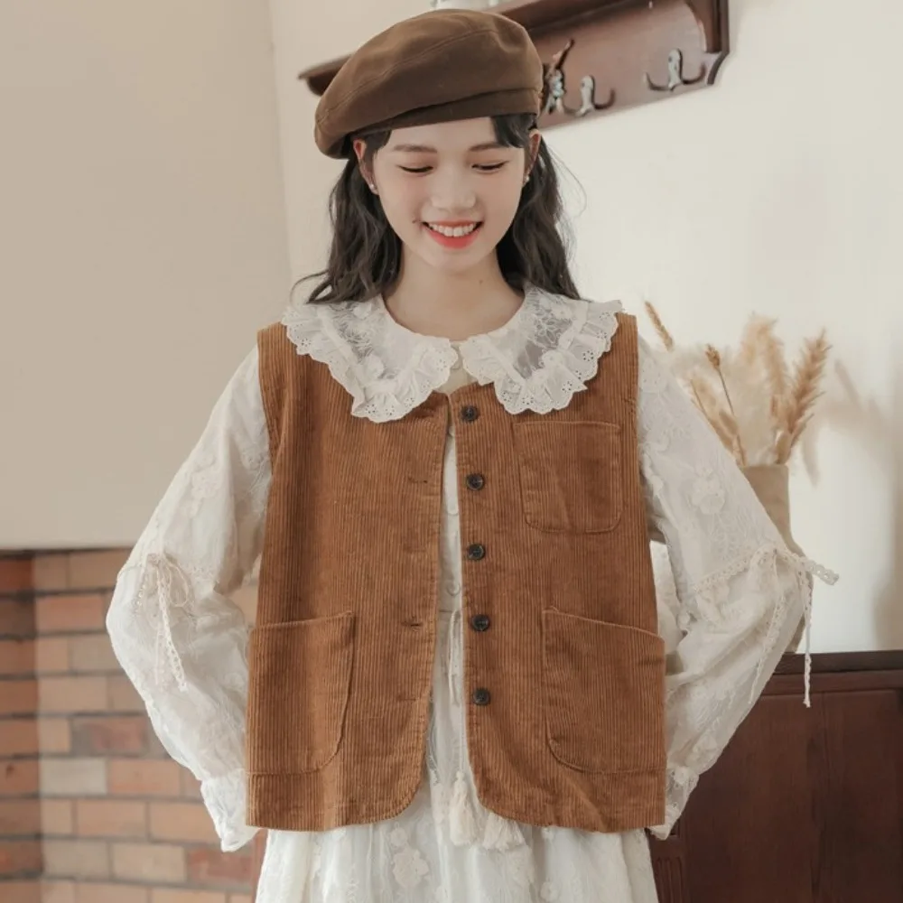 

Fashion Brown Vintage Corduroy Vests All Match Round Neck Cropped Sleeveless Jacket Streetwear Retro Waistcoat Women Female