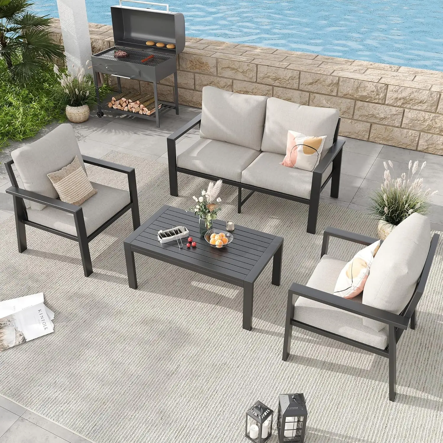 

Алюминиевый секционный диван для патио с всепогодными подушками, кофейный столик, для двора, сада, зоны у бассейна, простая сборка, на заказ