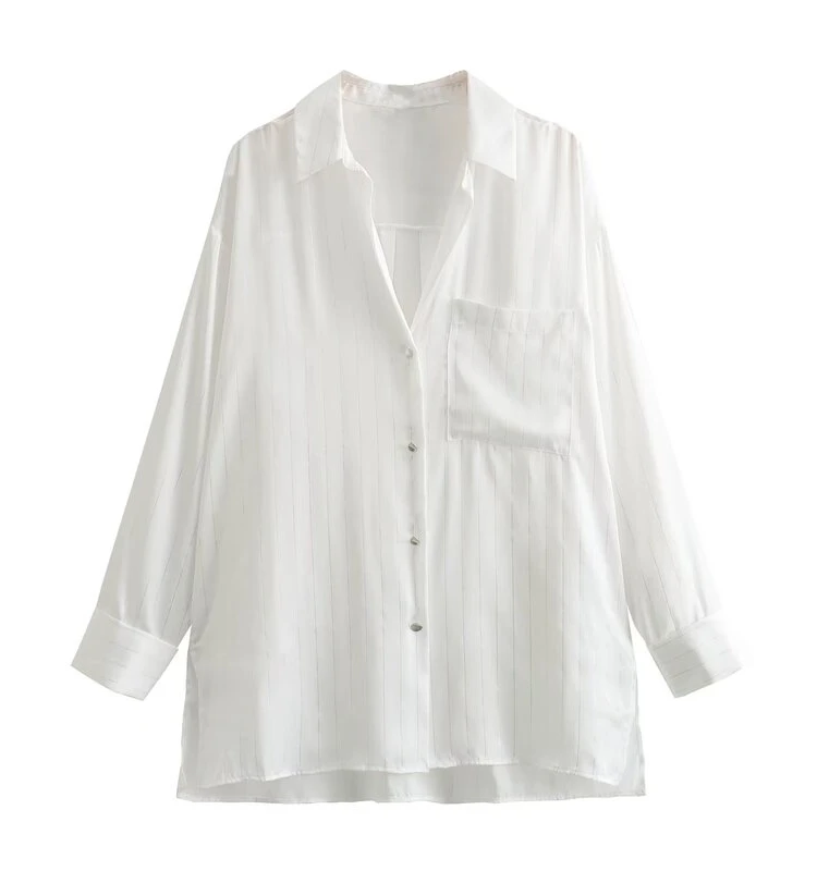 

Ele Loose Fit Striped Silk Satin Long irt Autumn New Arrival Versatile Sle Women's Busin Casual Collar irt