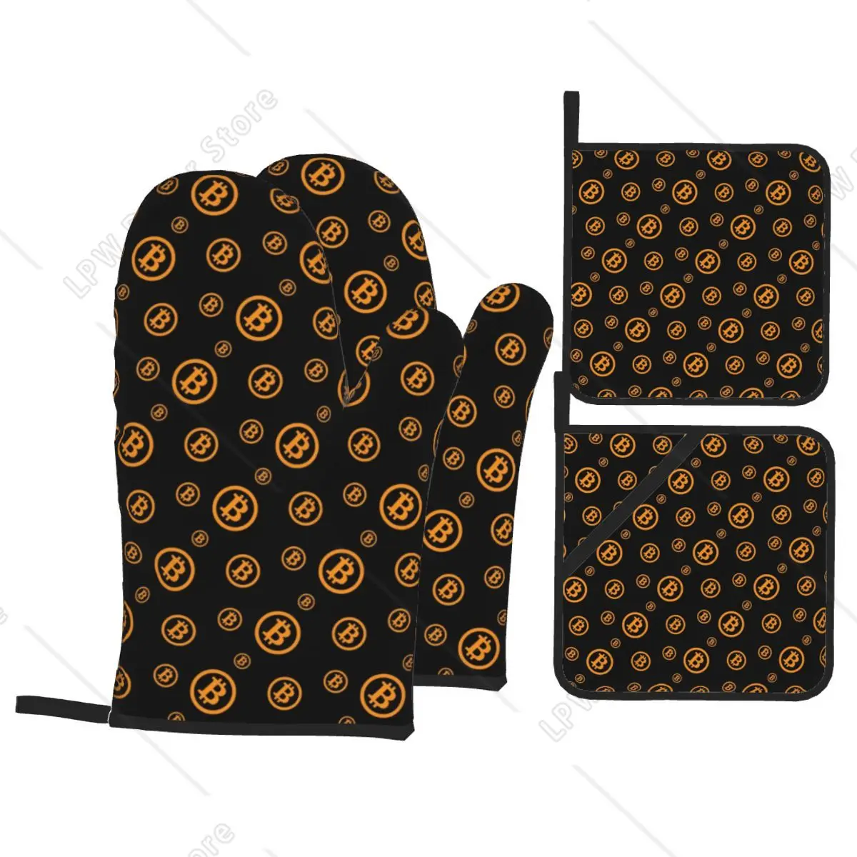 Custom Bitcoin Logo Pattern Oven Mitts and Pot Holders 4pcs Set for Baking Cooking Heat Resistant Kitchen BBQ Gloves Potholders
