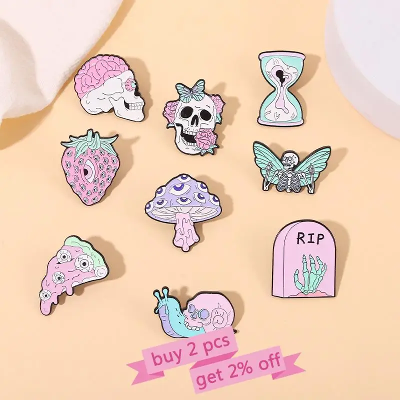 Intensive Eyes Enamel Pins Custom Pink Punk Skeleton Butterfly Pizza Hourglass Strawberry Brooch Gothic Lapel Badgs for Friends