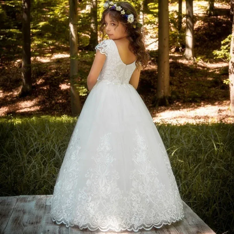 Тюлевые пышные кружевные платья с цветочной аппликацией и коротким рукавом для свадьбы, дня рождения, банкета, платья принцессы, платья с цветочным узором для девочек, белые