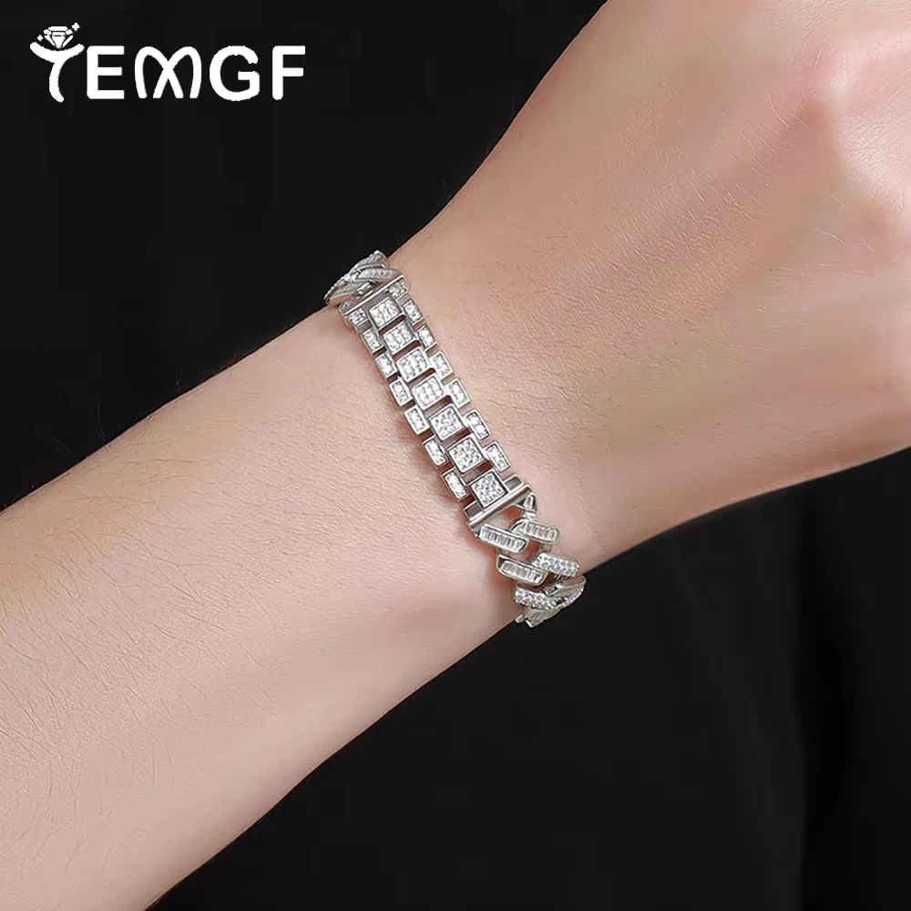 

TEMGF S925 Sterling Silver Cuban Bracelet 11.5mm Width Thick Chain Zircon Inlay for Men Hip Hop Party Fashion Cool Fine Jewelry