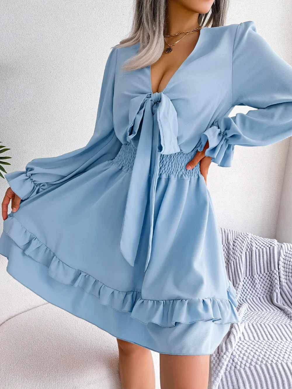 

Long Sleeved Dress for Women New Casual Lace Up Waist Dresses Fashionable and Versatile Short Skirt Female 2024 Spring/Summer