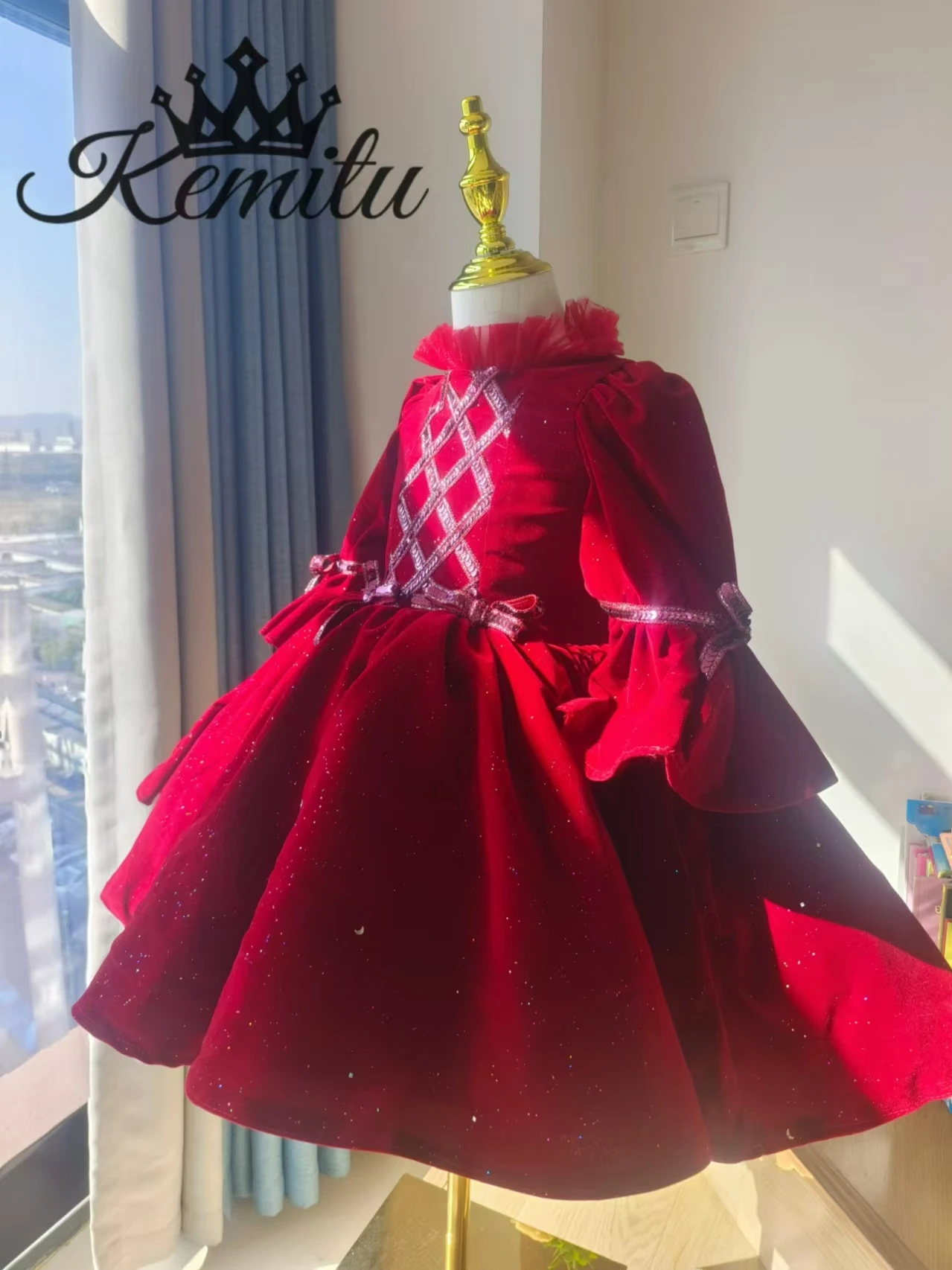 Ano novo veludo flor menina vestido de manga longa para festa de aniversário de natal elegante vestido de princesa