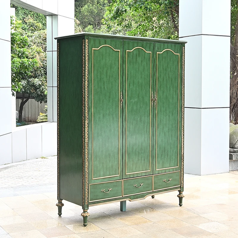 American country wardrobe, movable painted household small apartment wardrobe, European retro green custom storage wardrobe