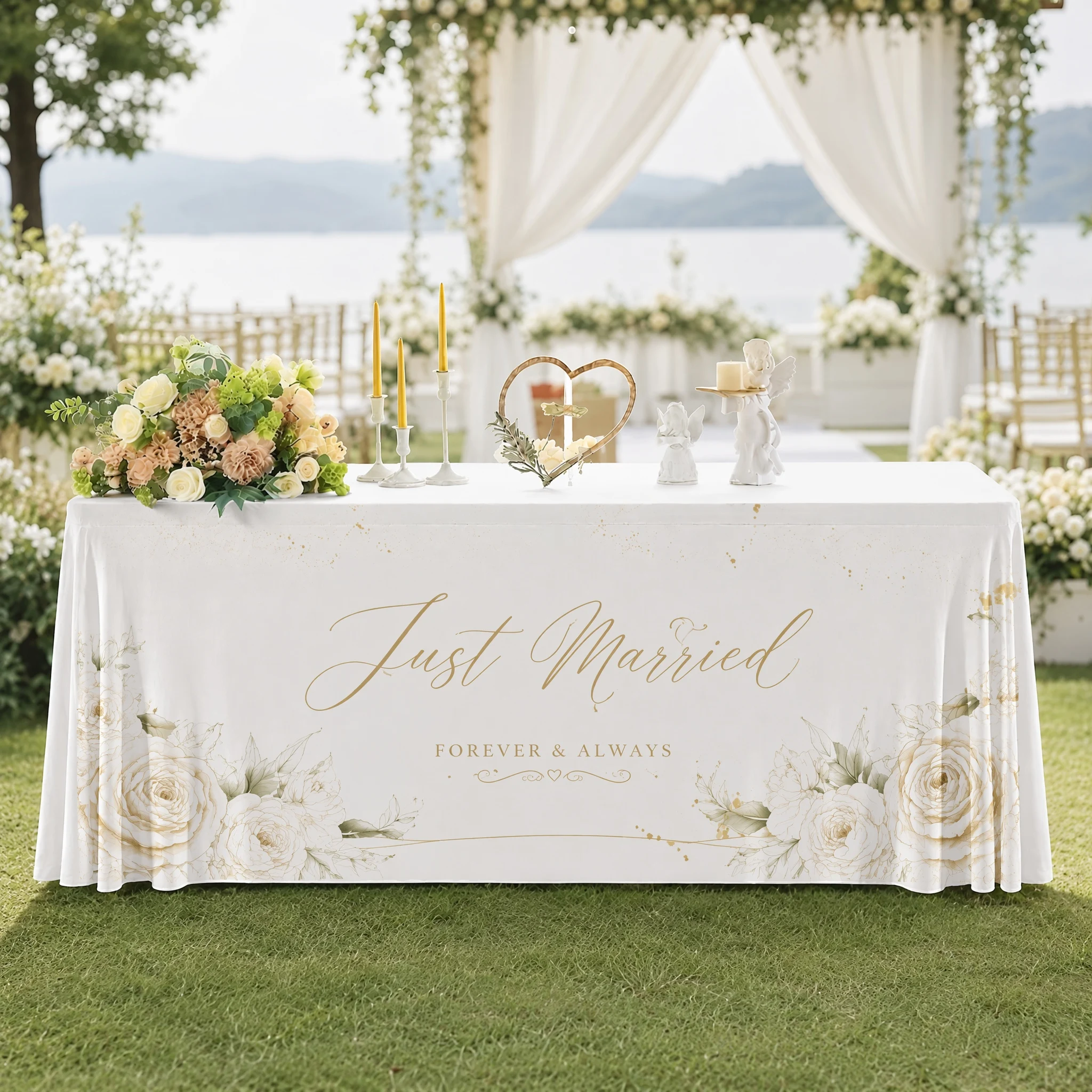 Custom Floral Wedding Tablecloth with Names Elegant Table Cover for Wedding Reception Dessert Table Party Decor