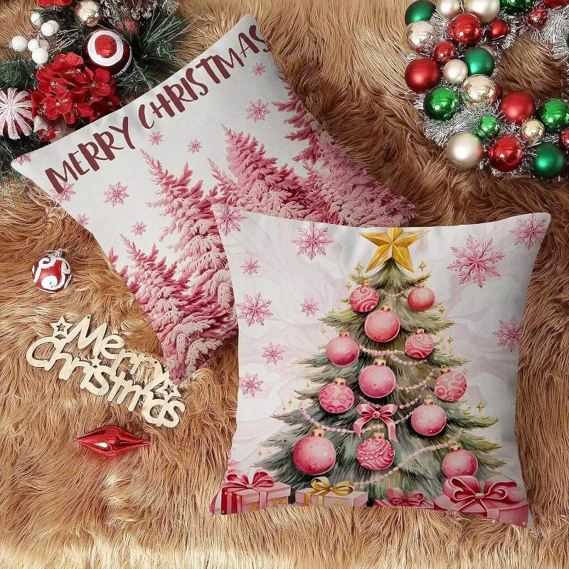 1-4PCS Christmas Reindeer Pillow Covers Set Square Linen Printed Sofa Cushion Cases Washable Removable Home Decorations
