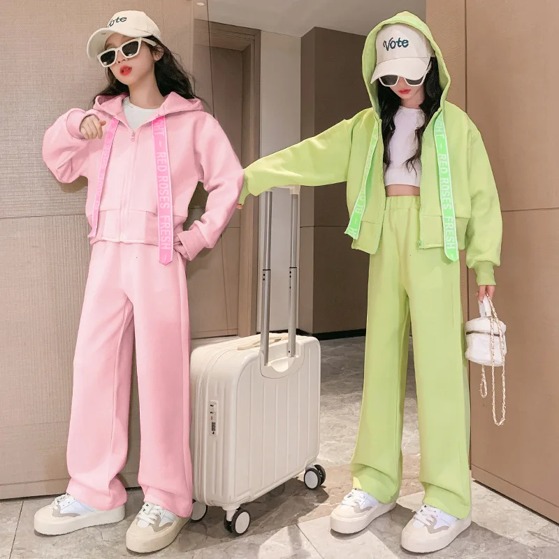 Spring Autumn Girls Cotton Plain Hooded Zip Sweat Jacket+Loose Sweatpant Set School Kids Tracksuit Child Jogger Outfit 5-16Years