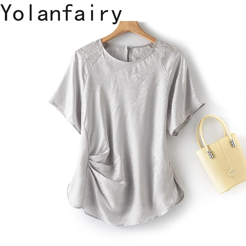 YOLANFAIRY 100% Natural Mulberry Silk T Shirts Woman Elegant Pleated Waist Tee Shirt Femme Summer Tops Jacquard T Shirt Dames