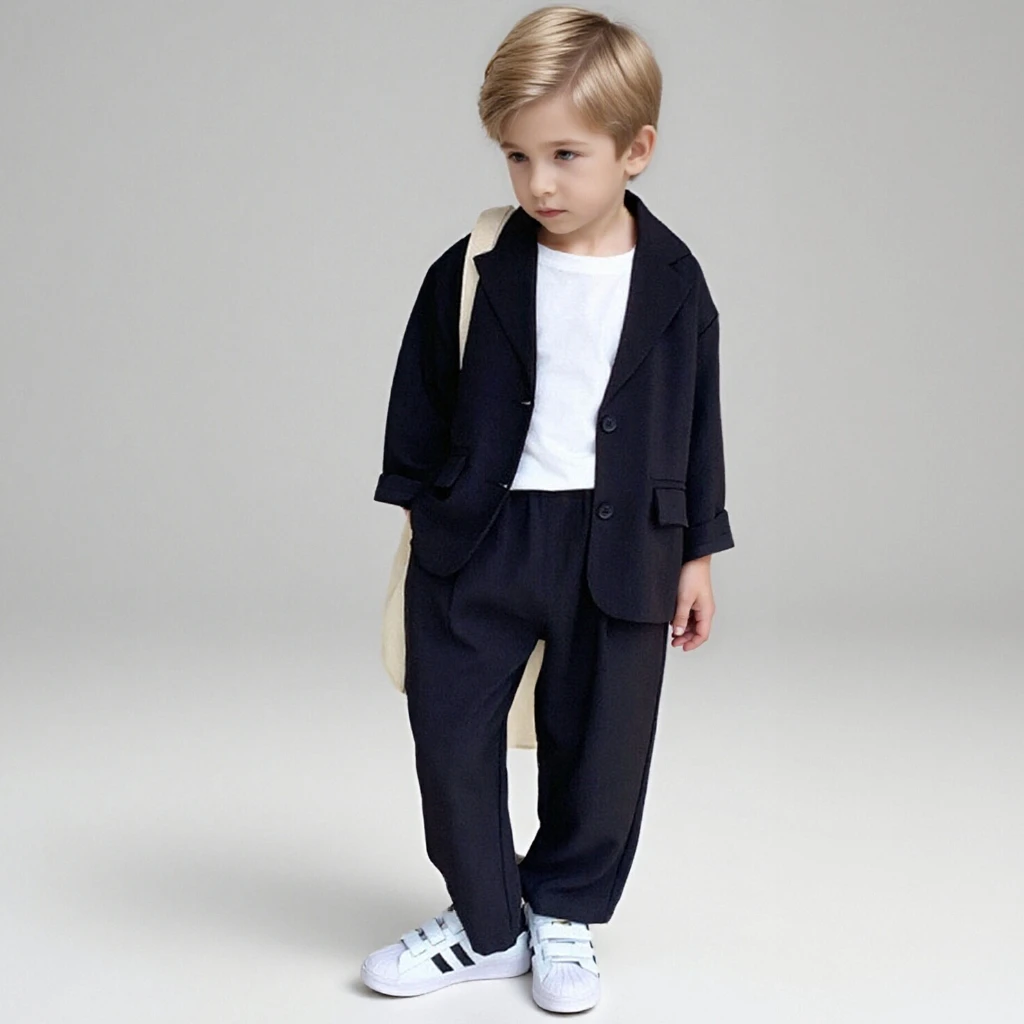 Boys Casual Suit Set Black Loose Blazer Pants 2-piece School Kids Host Performance Outfits Formal Flower Boy Wedding Costume 8 Y